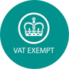 Teal circle with white crown icon and 'VAT EXEMPT' text