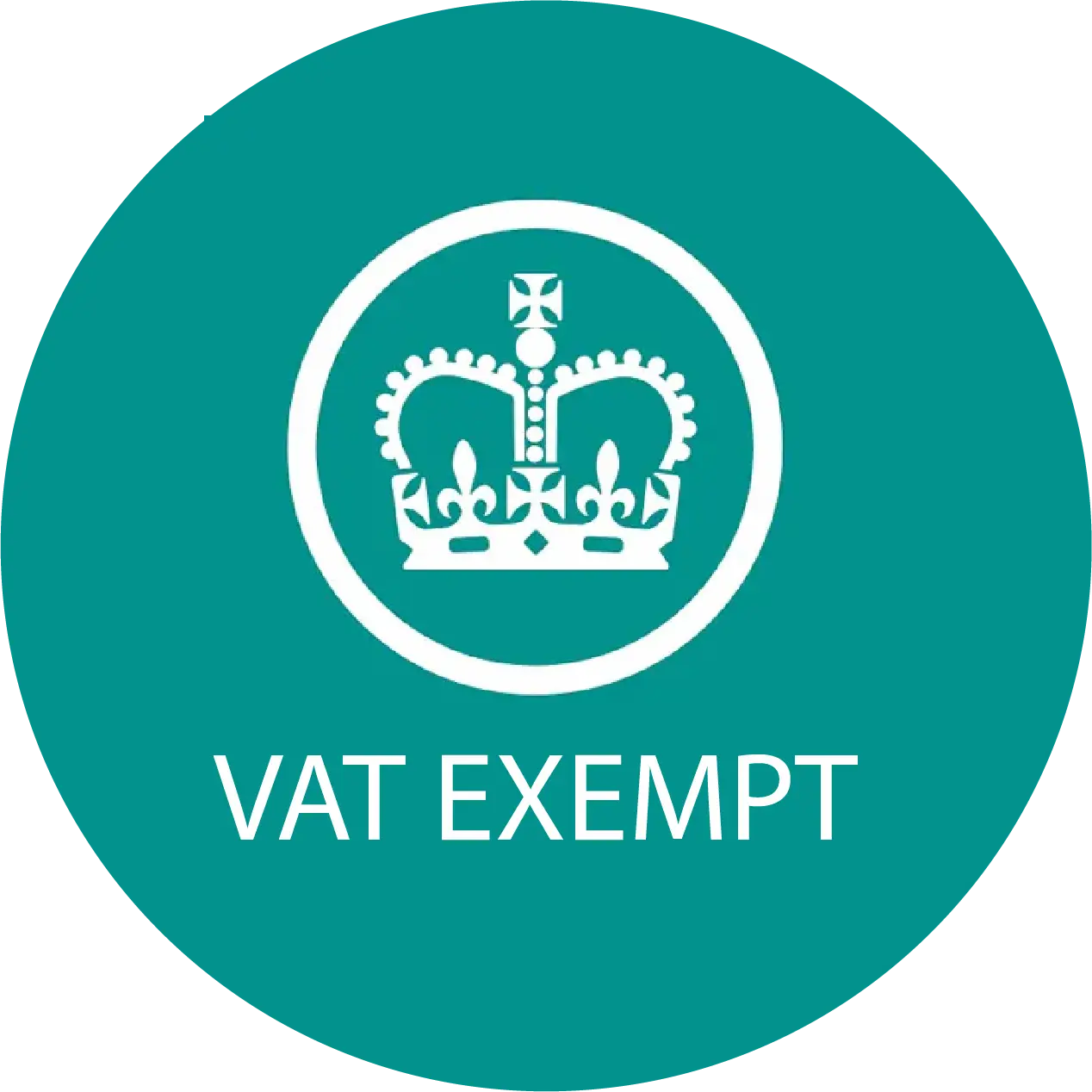 Teal circle with white crown icon and 'VAT EXEMPT' text