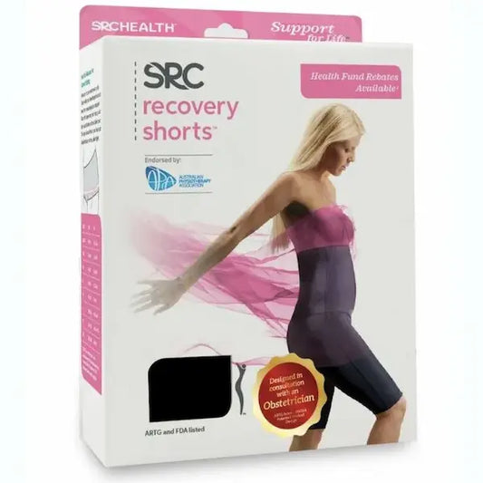 Package of SRC recovery shorts with a model wearing the product on a white background